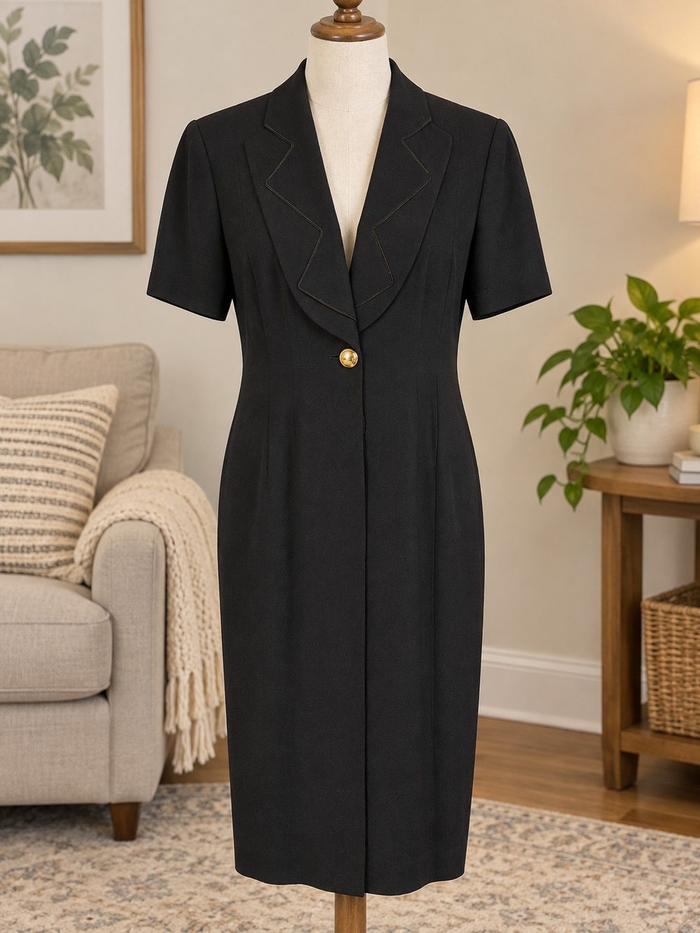 Liz Claiborne Black Midi Sheath Dress with Gold Pearl Button